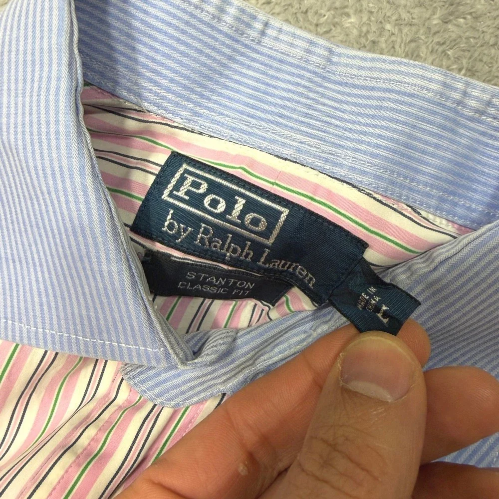 Polo Ralph Lauren Shirt Mens L Pink Stripe Stanton Classic Fit Short Sleeve Pony